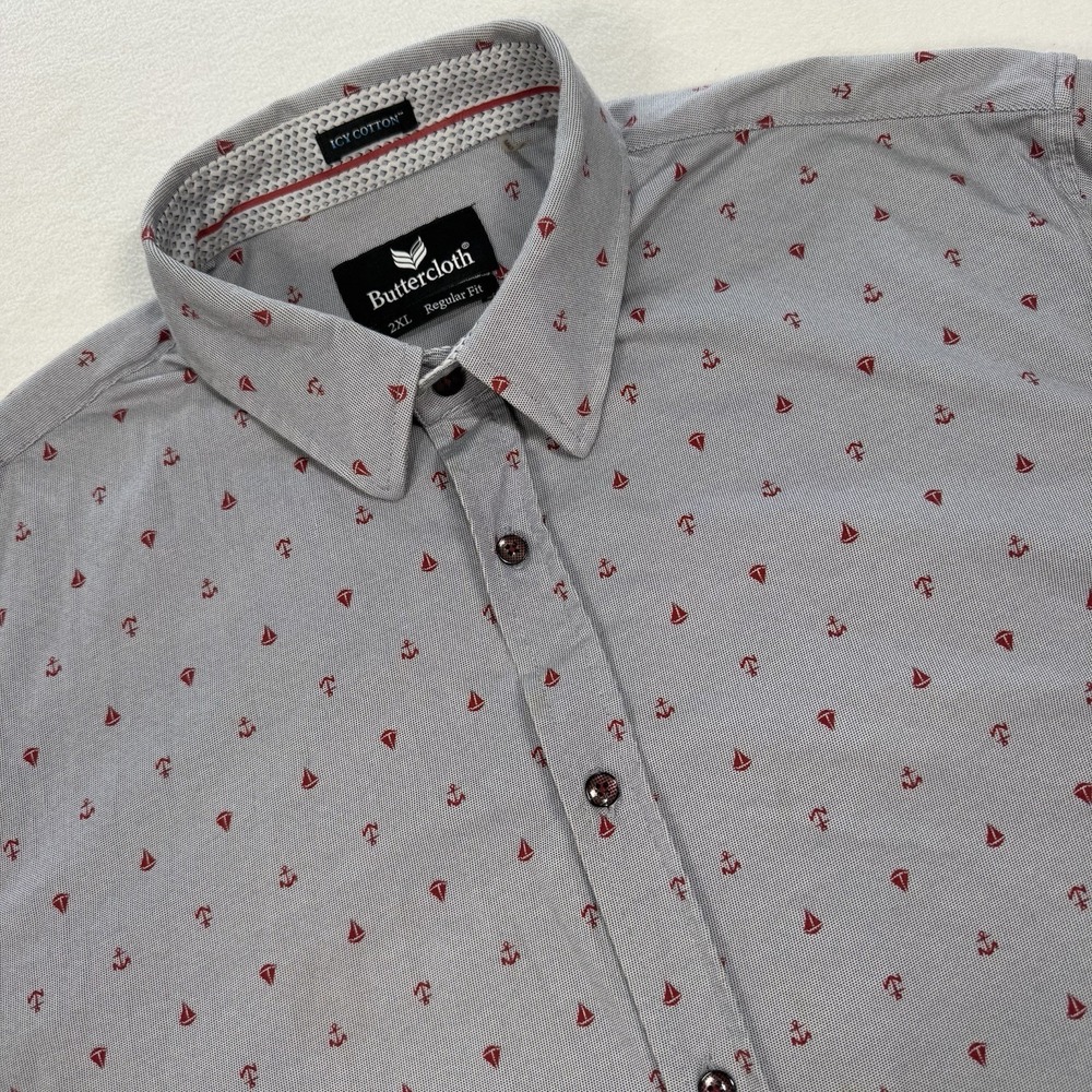 Butter Cloth Icy Cotton Mens XXL Gray Regular Fit Button Up Sailboat Print Shirt